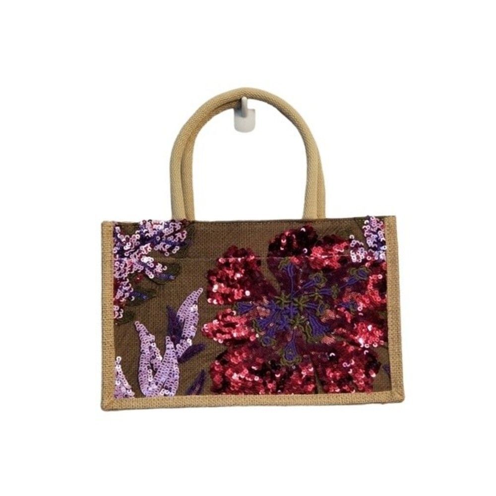 Sequin Embroidery Floral Stitching Linen Tote Bag NWT - Picture 2 of 13